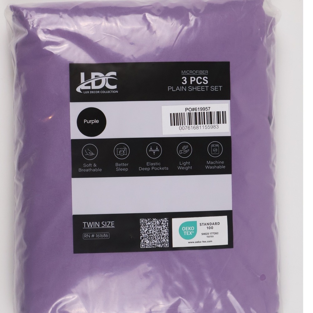 Lux Decor Collection Bedding 3 Piece Sheet Set Purple Solid Twin NWT - Picture 2 of 2